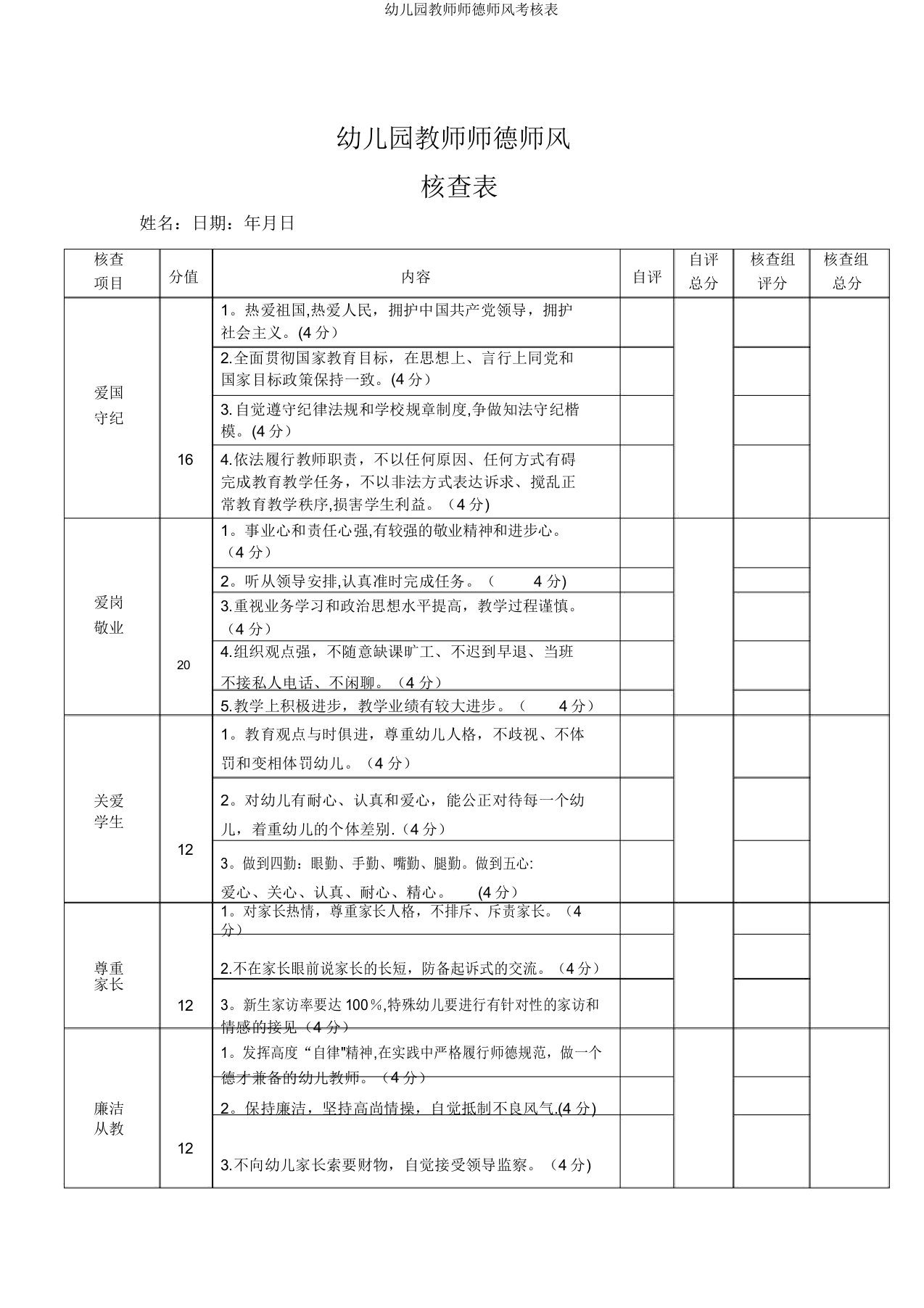 幼儿园教师师德师风考核表