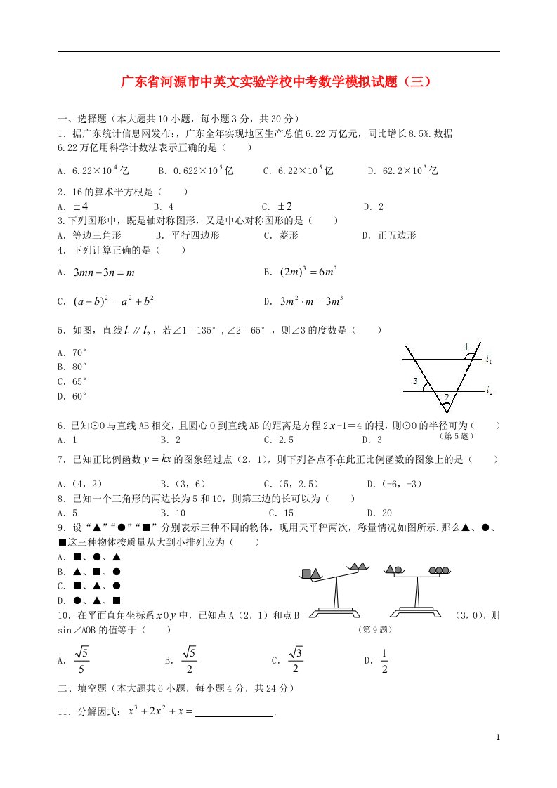 广东省河源市中英文实验学校中考数学模拟试题（三）