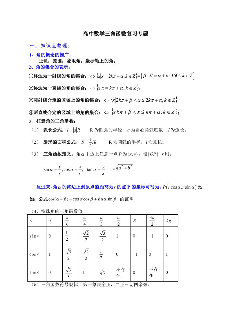 高中数学三角函数复习专题