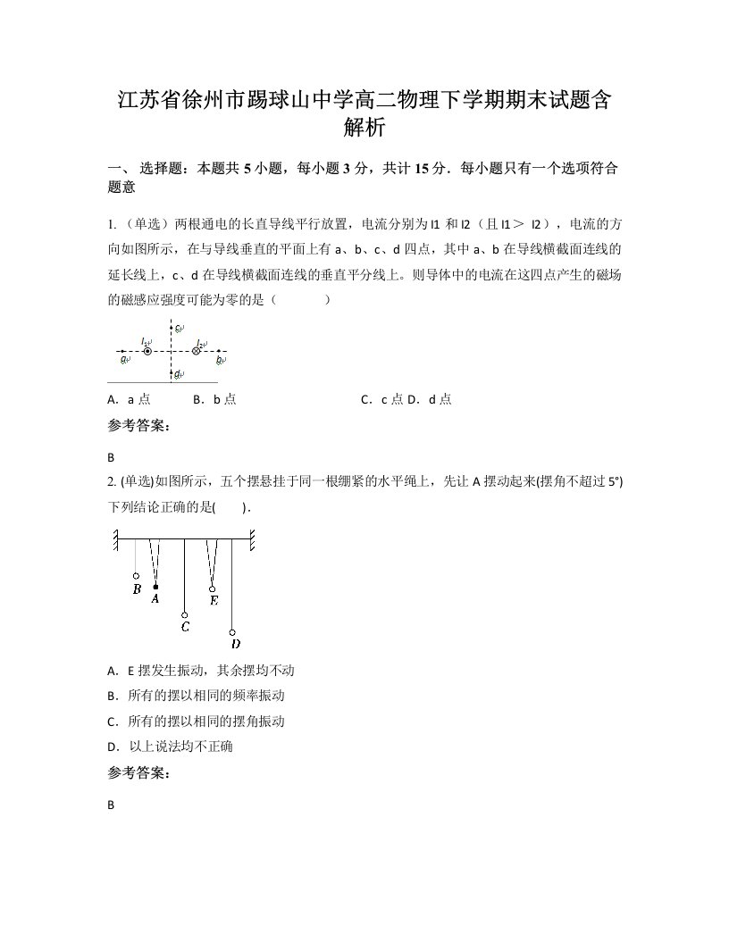 江苏省徐州市踢球山中学高二物理下学期期末试题含解析