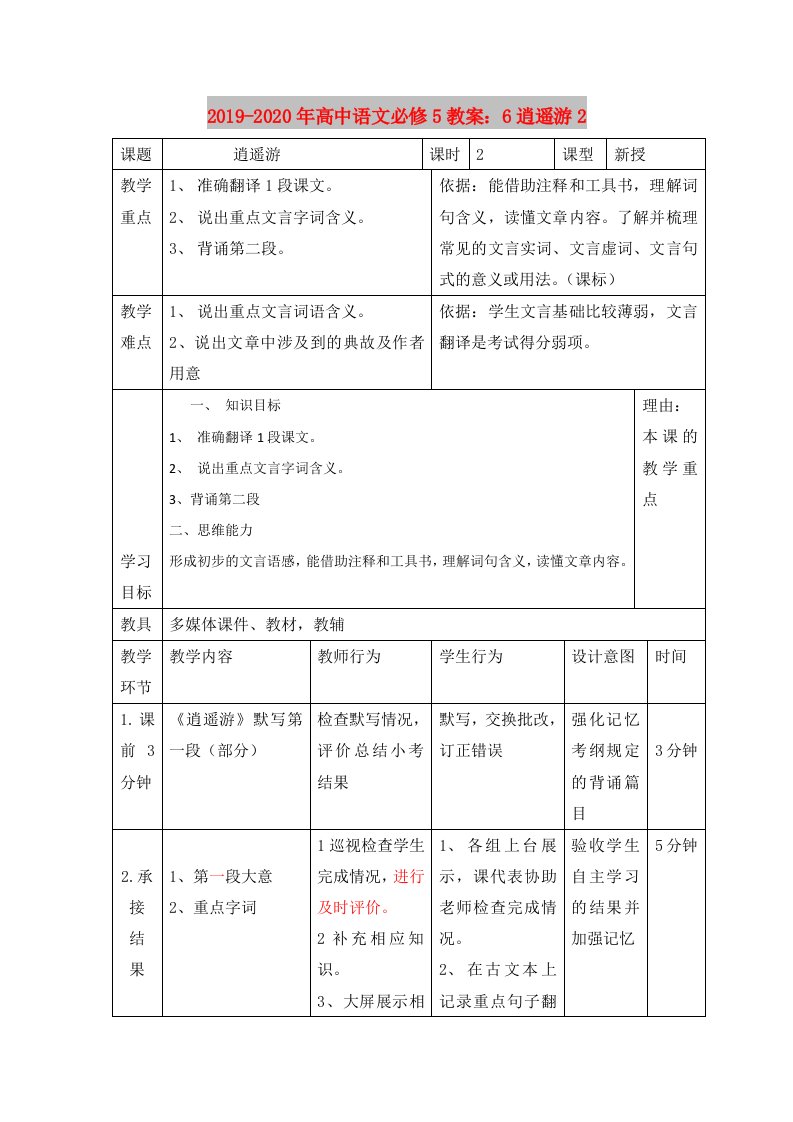 2019-2020年高中语文必修5教案：6逍遥游2