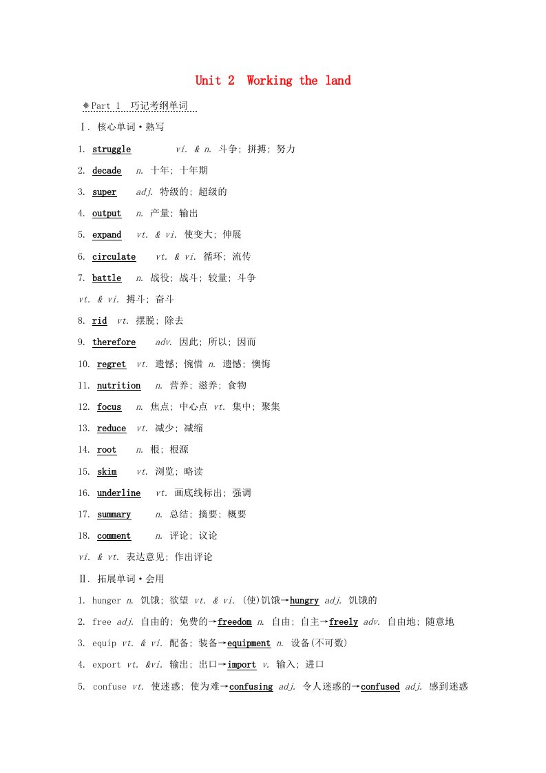 2021版高考英语一轮知识自查必修4Unit2Workingtheland学案新人教版