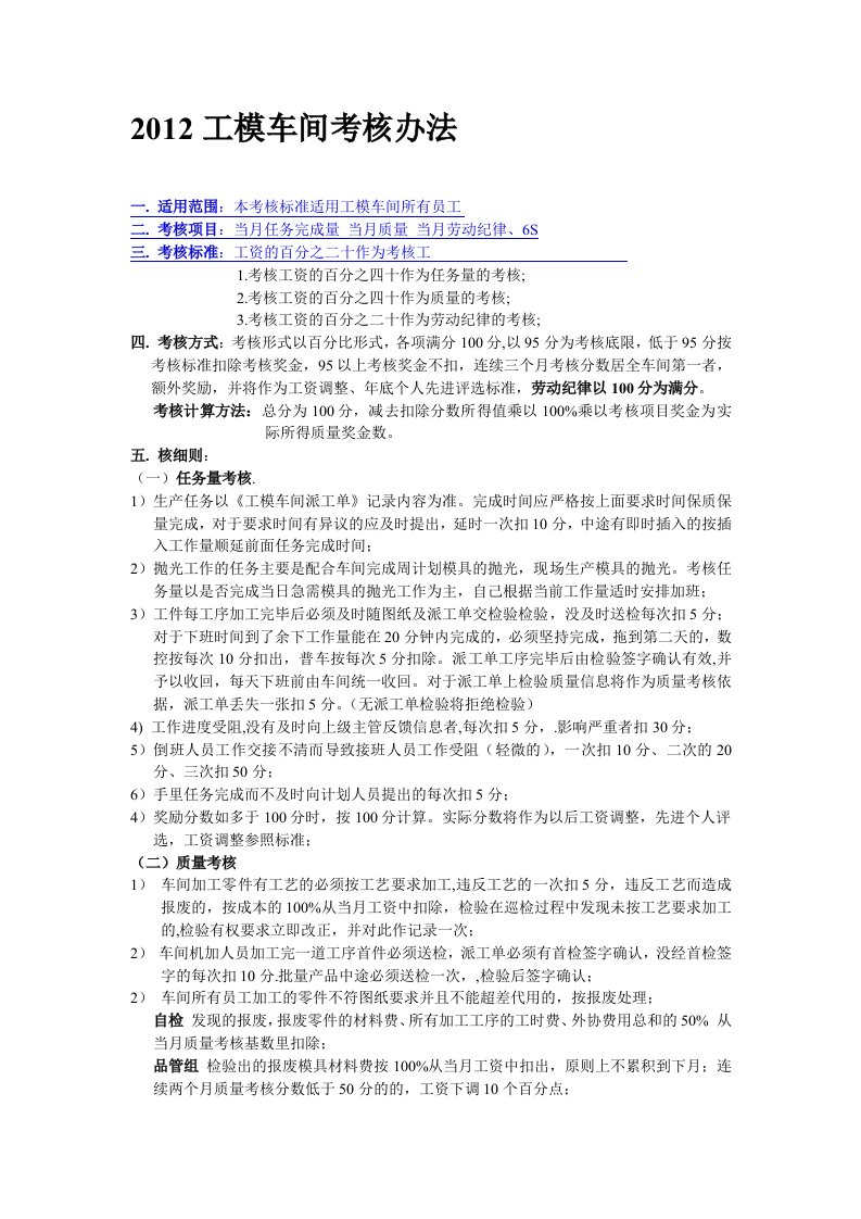 2012年模具加工车间考核制度