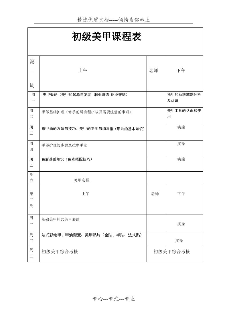 初级美甲课程表(共1页)