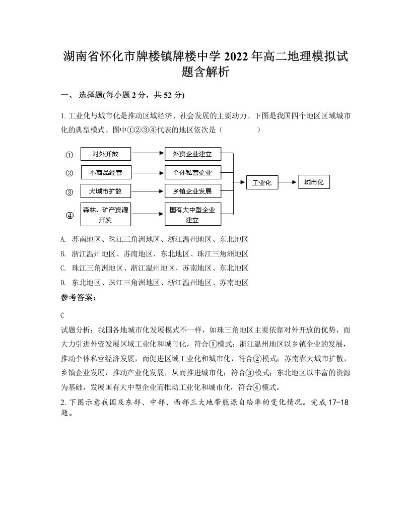 湖南省怀化市牌楼镇牌楼中学2022年高二地理模拟试题含解析