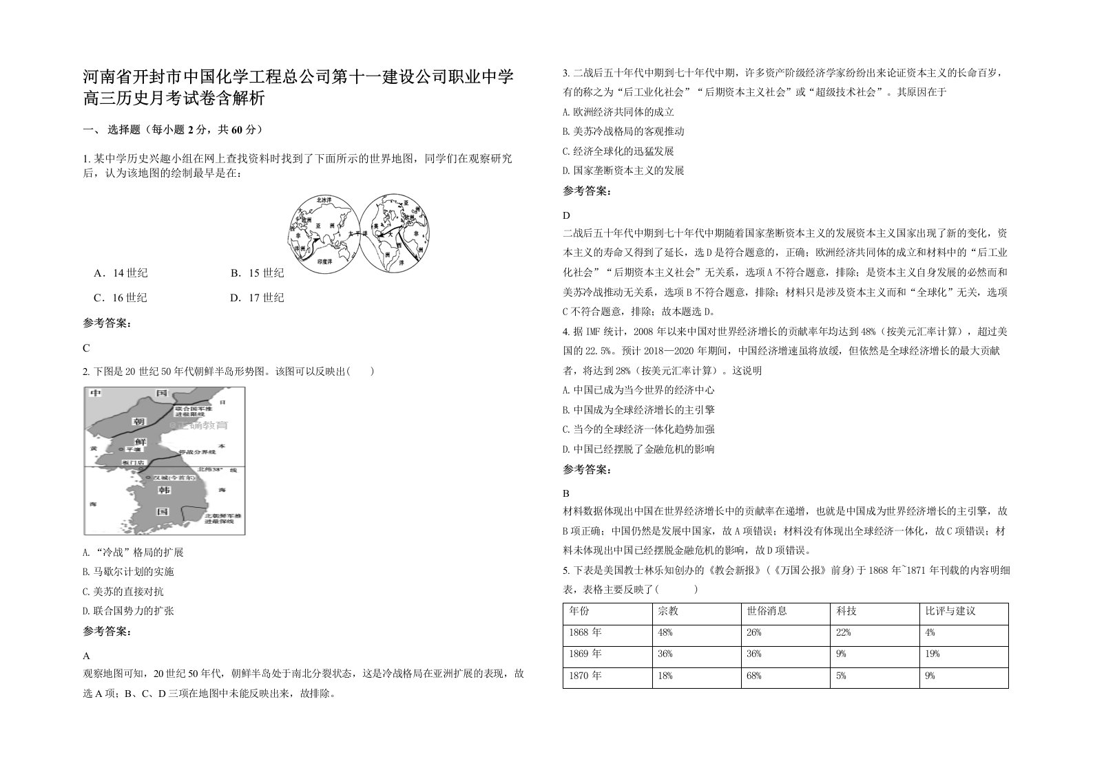 河南省开封市中国化学工程总公司第十一建设公司职业中学高三历史月考试卷含解析