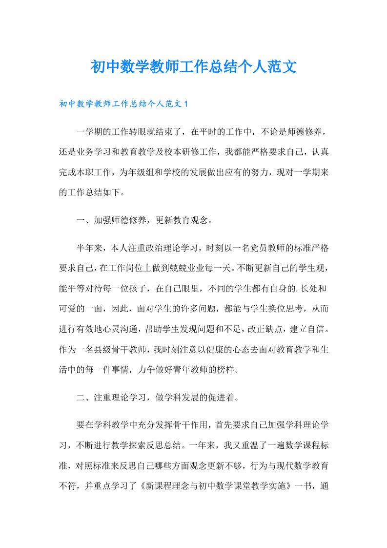 初中数学教师工作总结个人范文