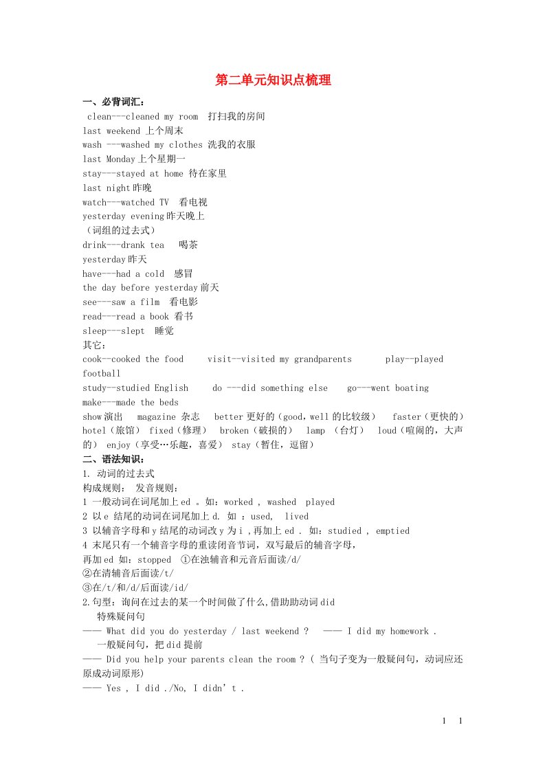 2023六年级英语下册Unit2Lastweekend重点知识梳理2人教PEP