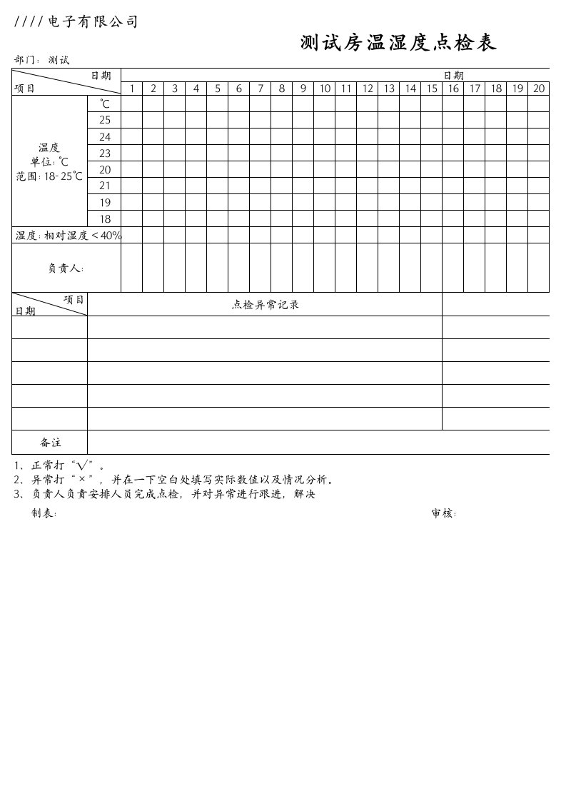 测试温湿度空白表格