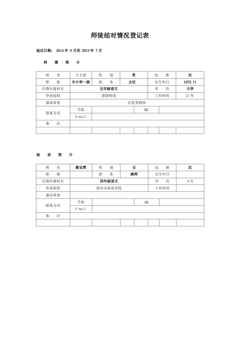 师徒结对情况登记表