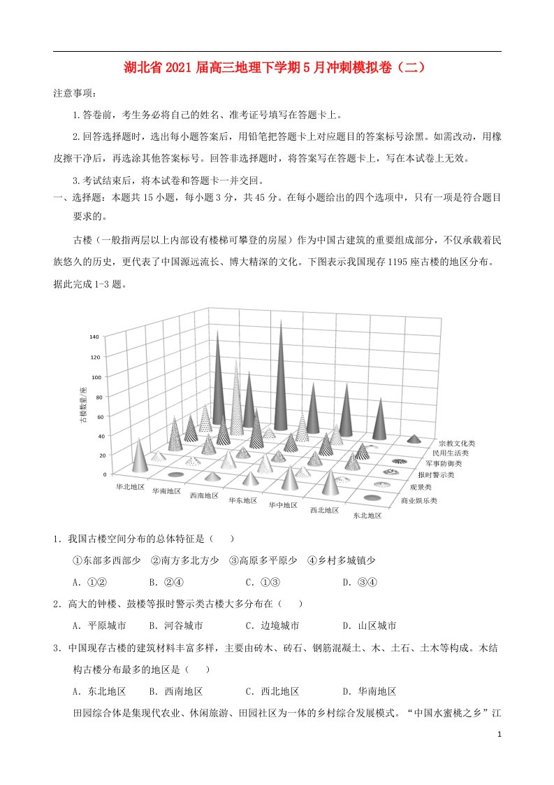 湖北省2021届高三地理下学期5月冲刺模拟卷二202105210341