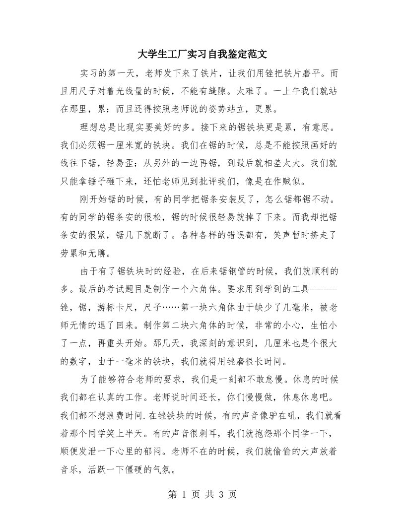 大学生工厂实习自我鉴定范文