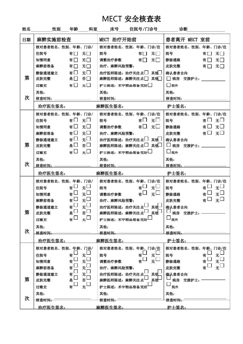 MECT安全核查表