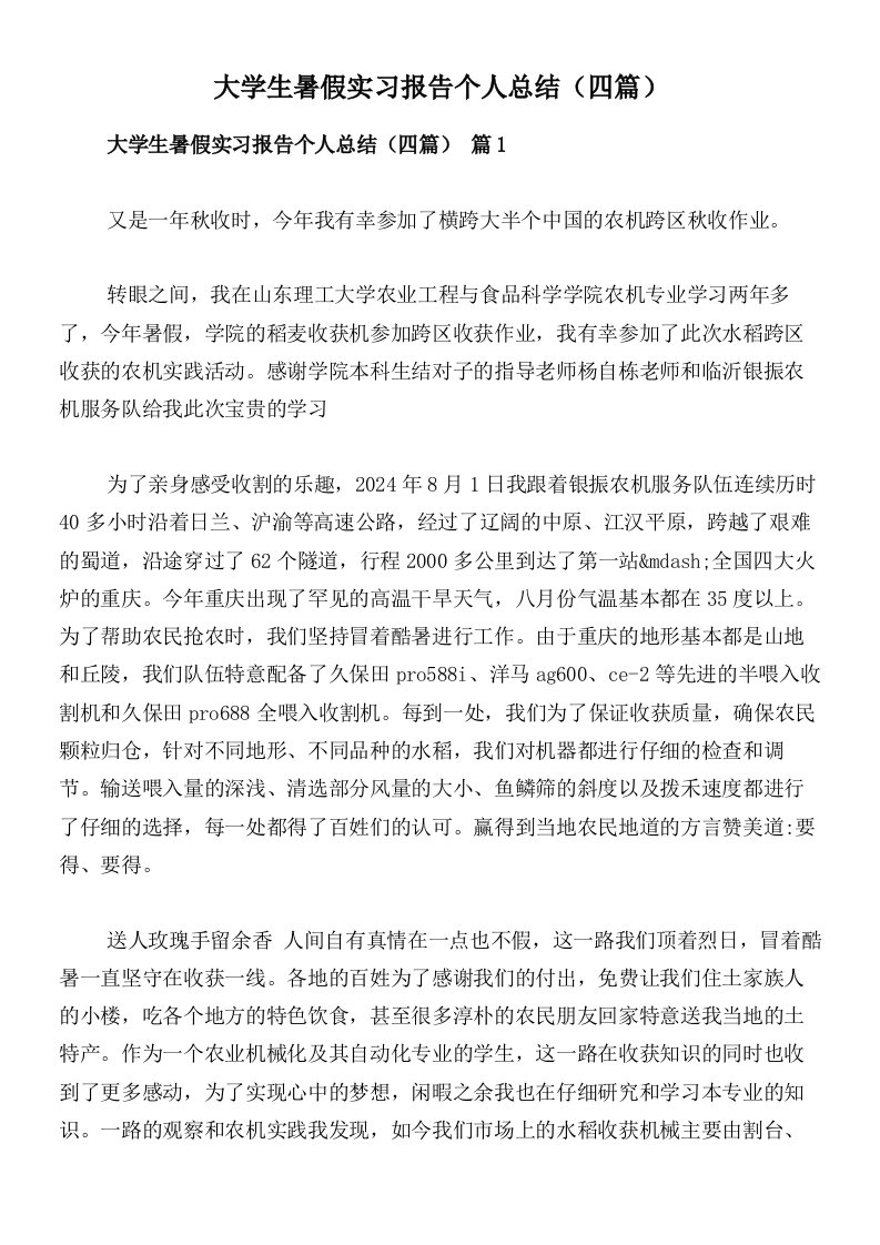 大学生暑假实习报告个人总结（四篇）