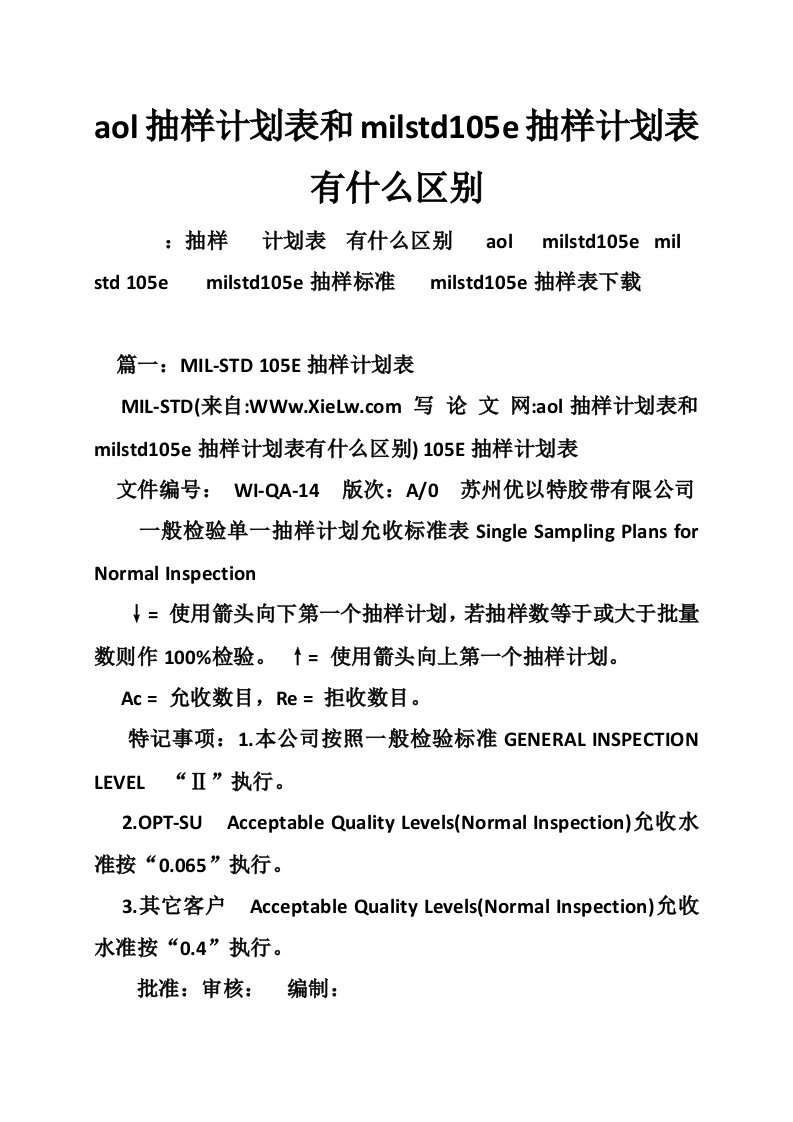 aol抽样计划表和milstd105e抽样计划表有什么区别