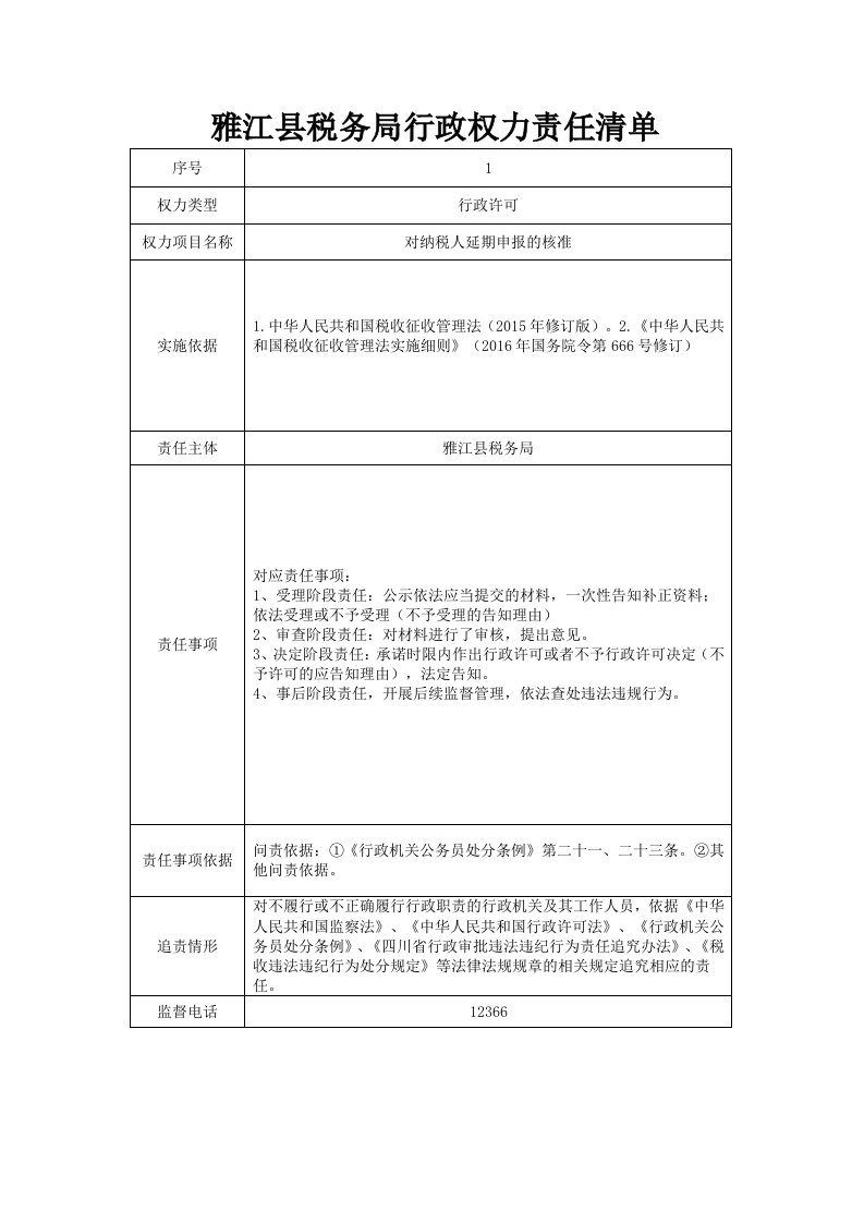 雅江县税务局行政权力责任清单