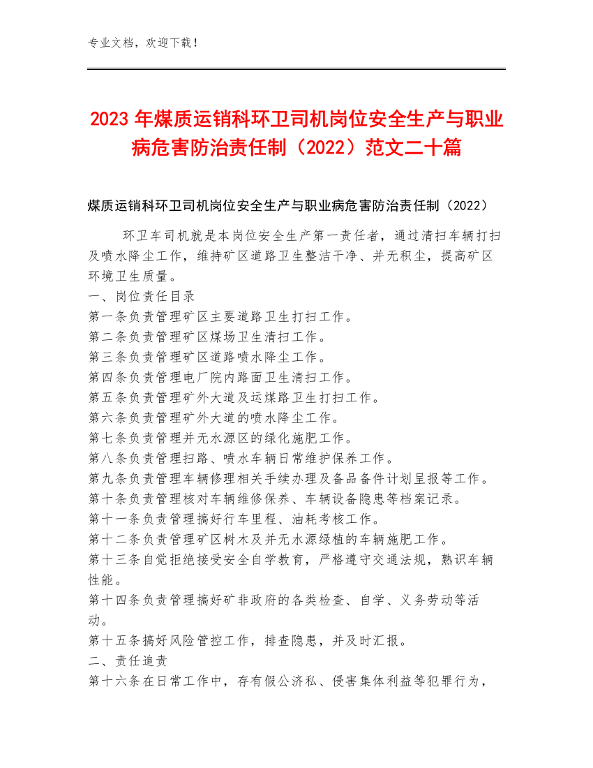 2023年煤质运销科环卫司机岗位安全生产与职业病危害防治责任制（2022）范文二十篇