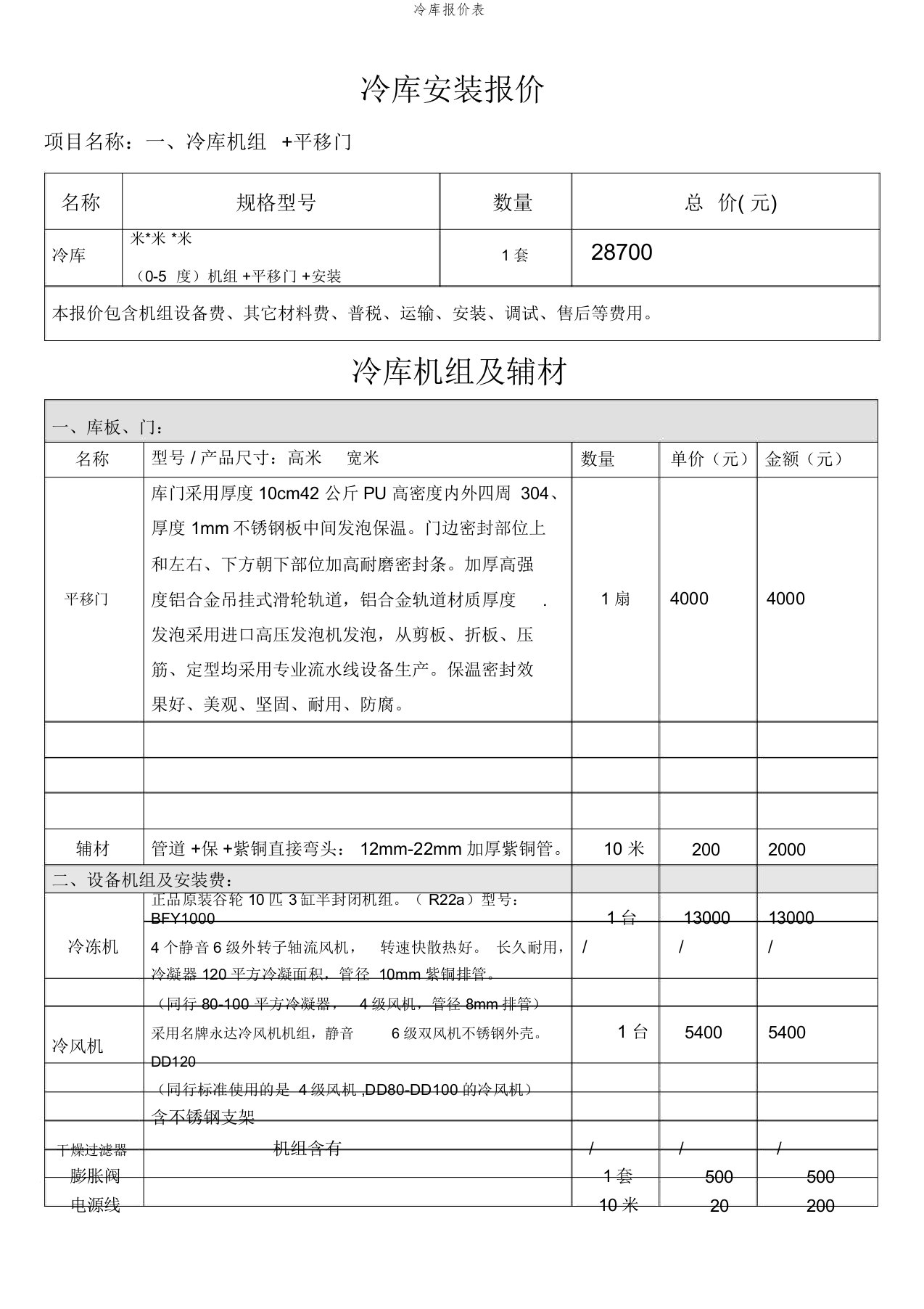 冷库报价表