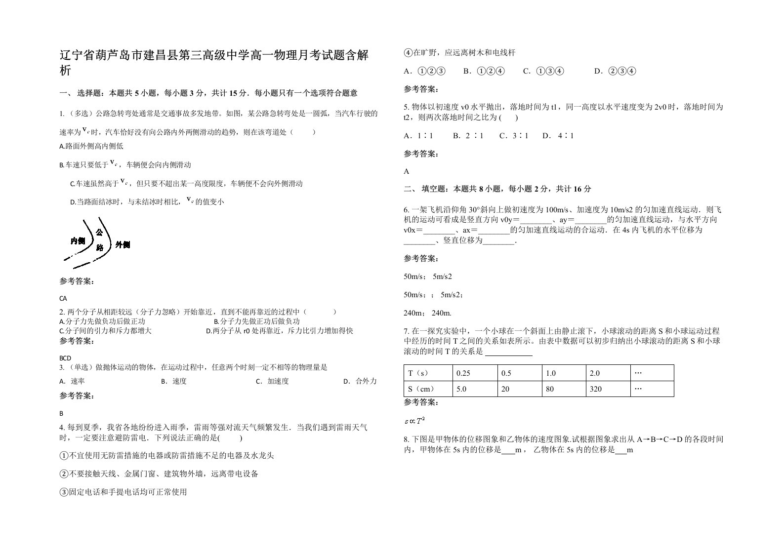 辽宁省葫芦岛市建昌县第三高级中学高一物理月考试题含解析