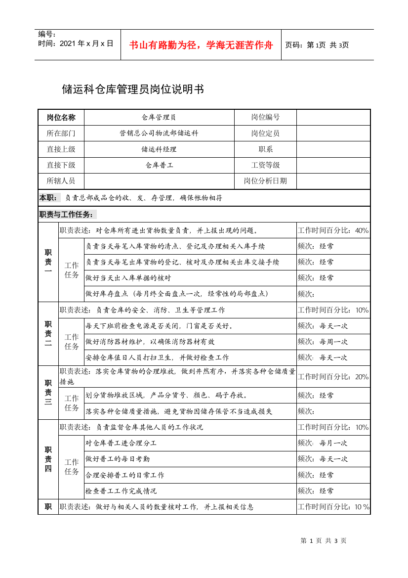 制鞋企业储运科仓库管理员岗位说明书