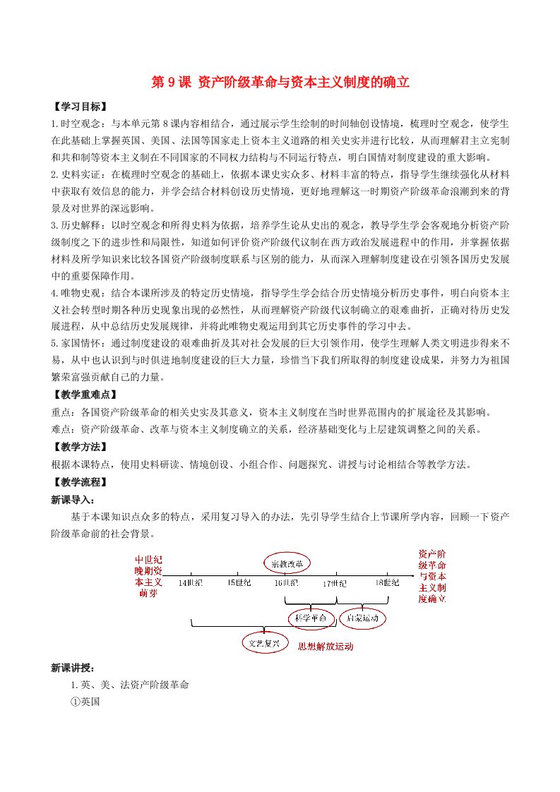 2024新教材高中历史第四单元资本主义制度的确立第9课资产阶级革命与资本主义制度的确立教案部编版必修中外历史纲要下