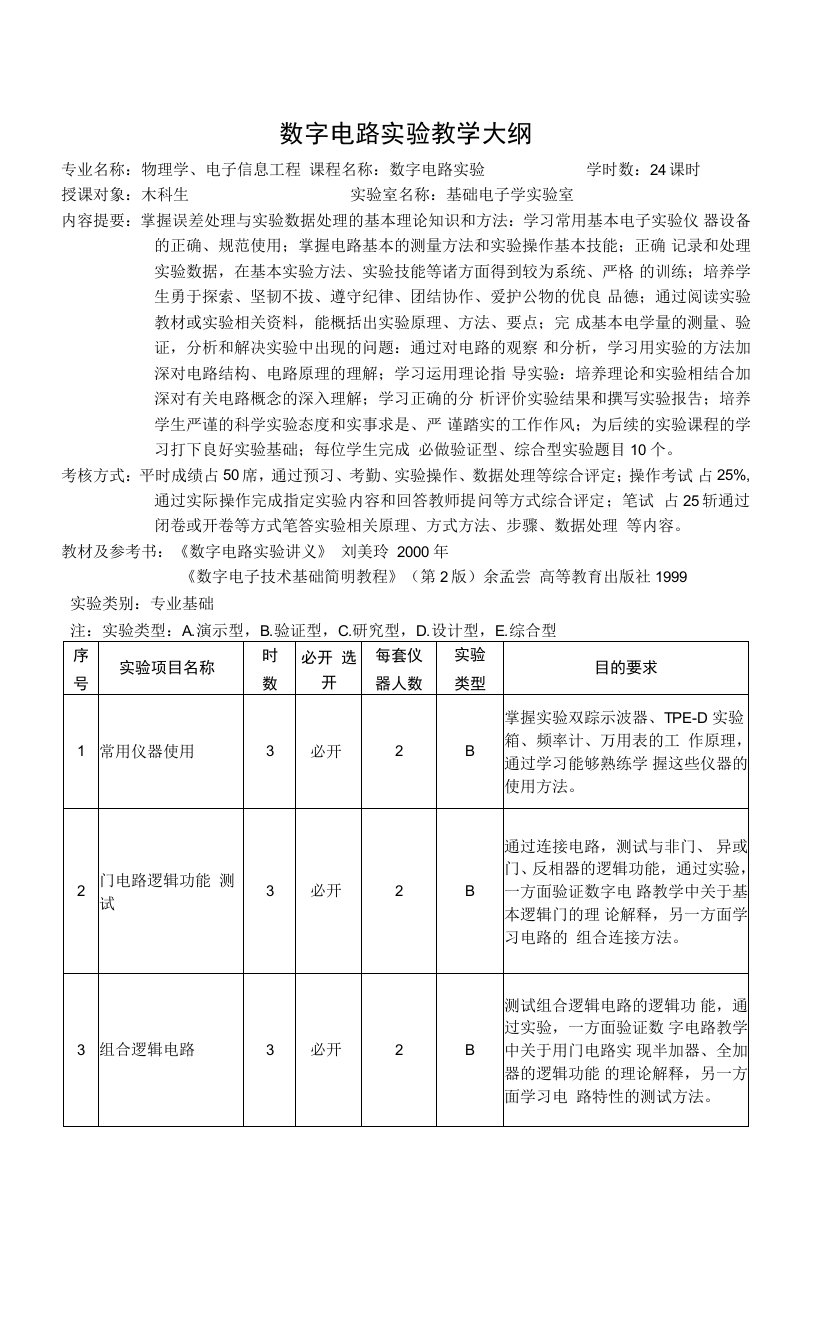 数字电路实验教学大纲