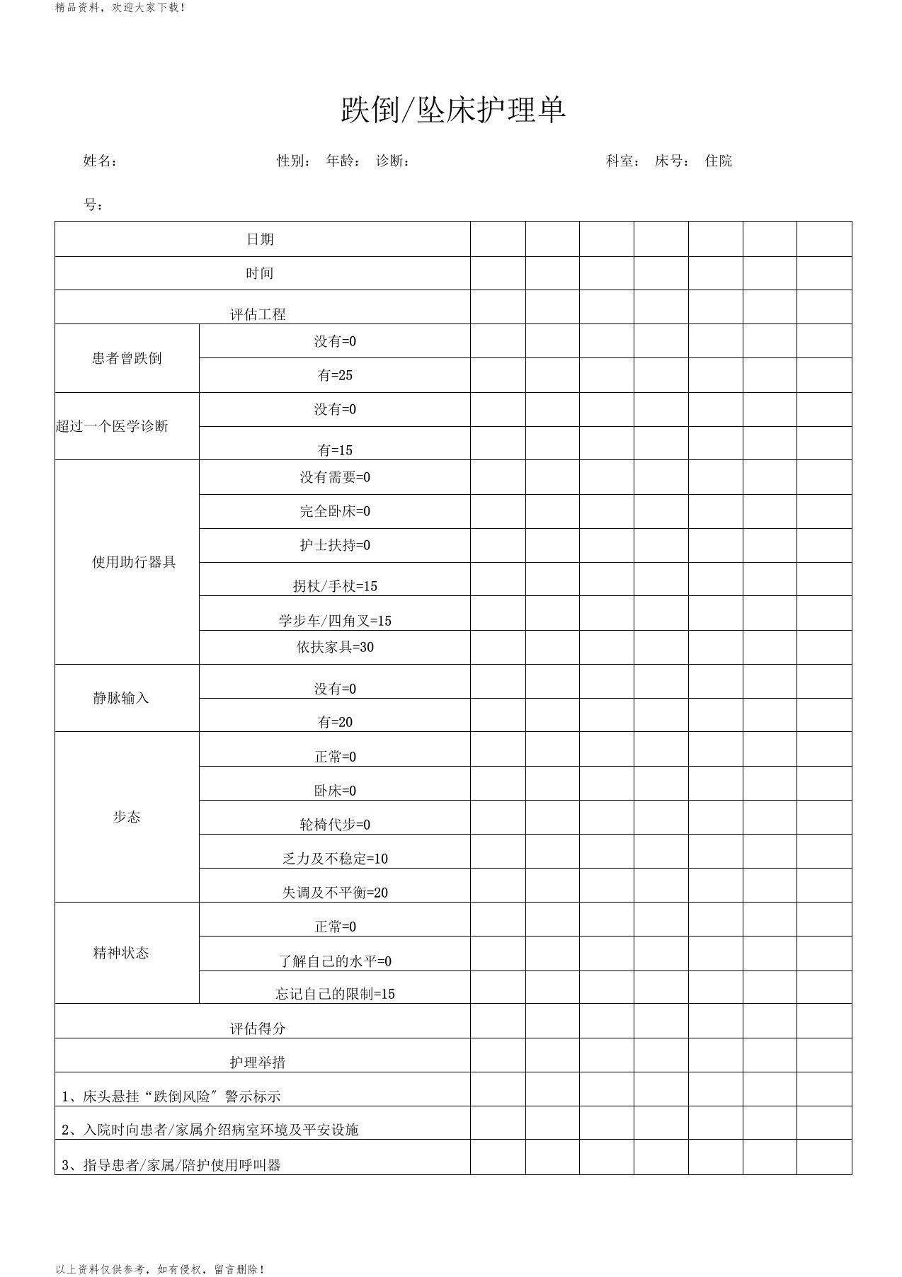 跌倒坠床护理记录单