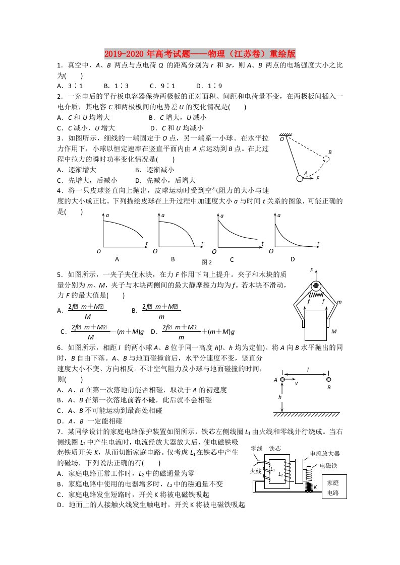 2019-2020年高考试题——物理（江苏卷）重绘版