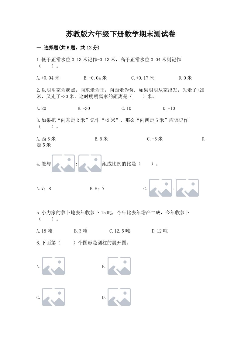 苏教版六年级下册数学期末测试卷【各地真题】