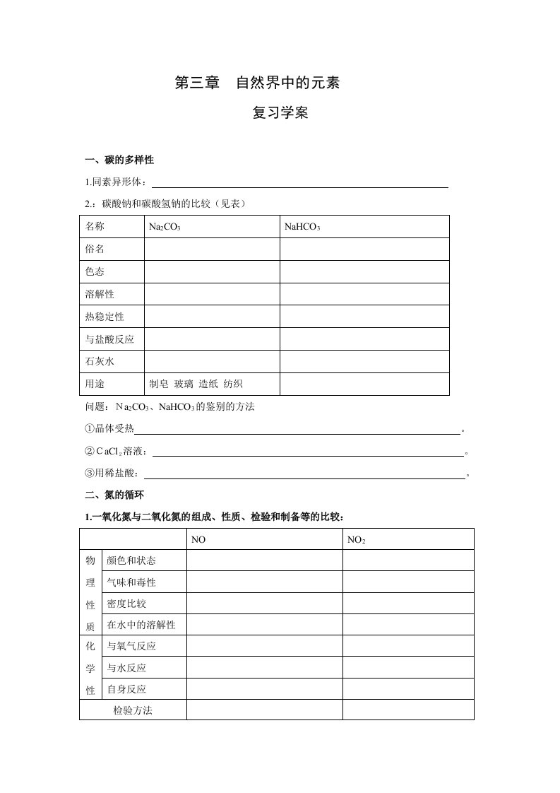 化学：第3章《自然界中的元素》复习学案（鲁科版必修1）