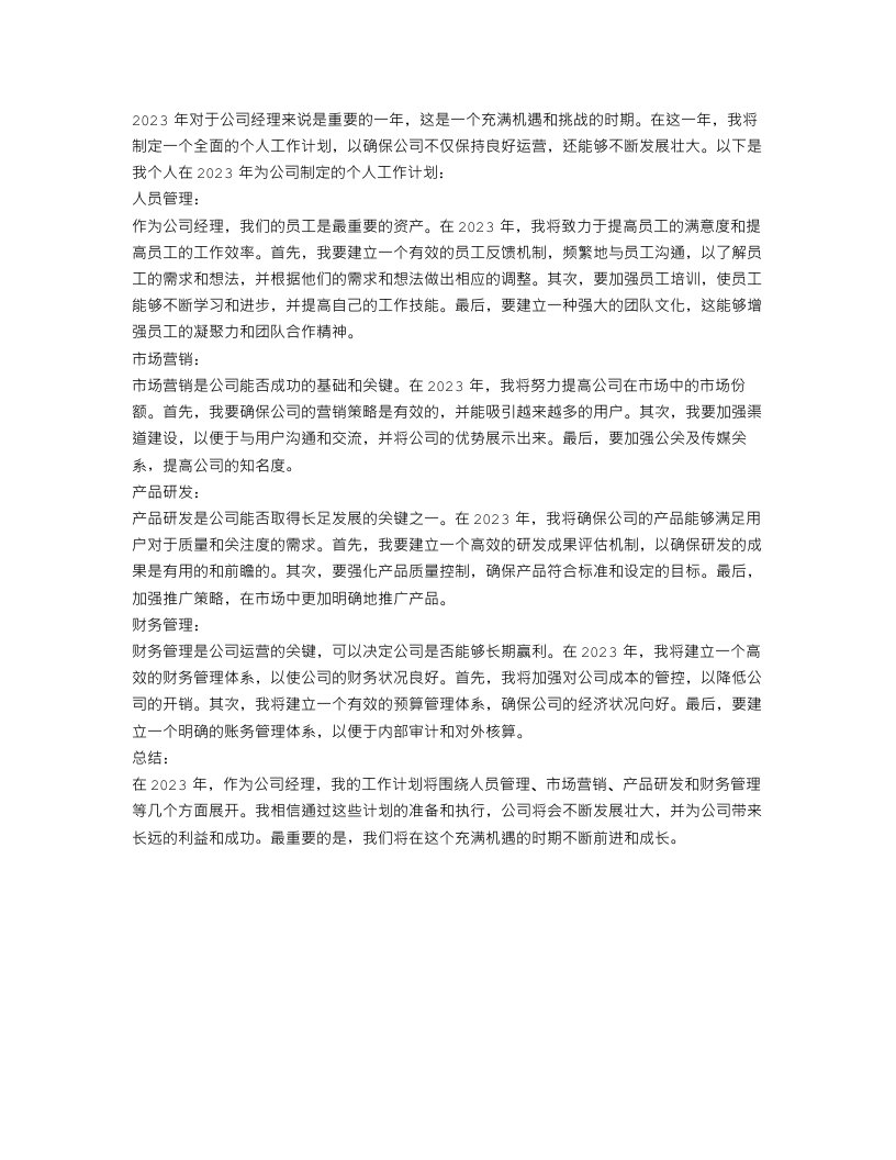 2023公司经理个人工作计划