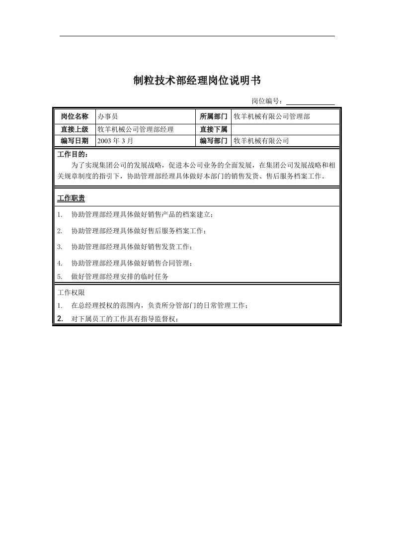 制粒技术部经理岗位说明书