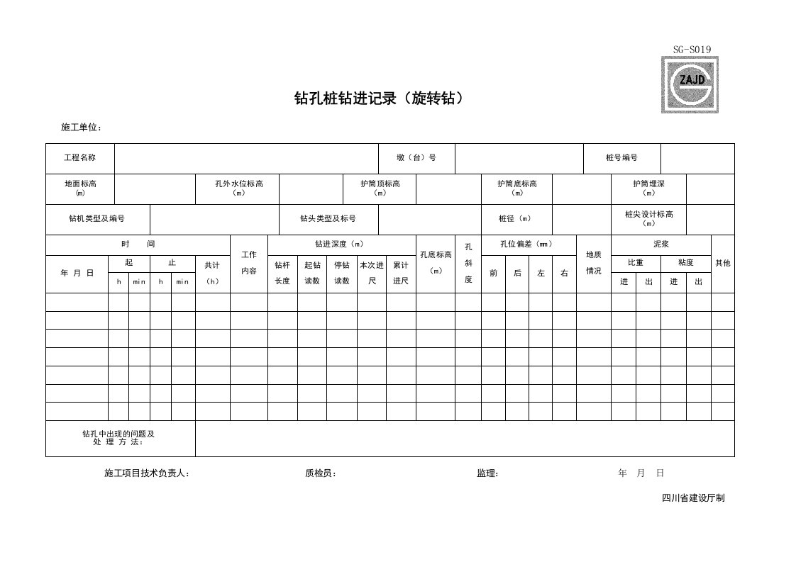 建筑工程-SGS019_钻孔桩钻进记录旋转钻