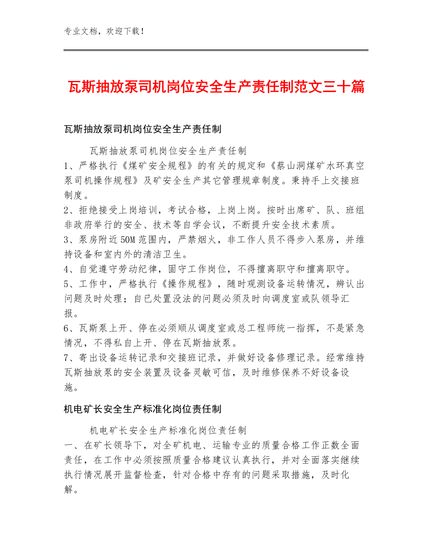 瓦斯抽放泵司机岗位安全生产责任制范文三十篇