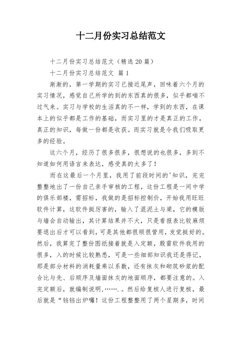 十二月份实习总结范文