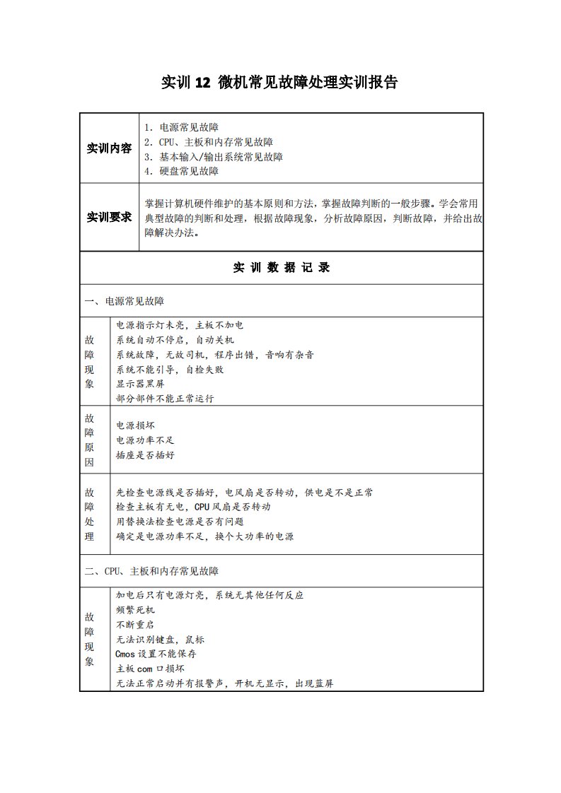 微机常见故障处理实训报告