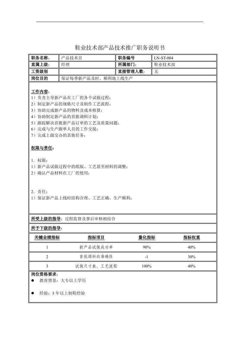 精选鞋业技术部产品技术推广职务说明书