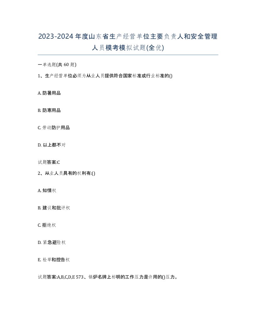 20232024年度山东省生产经营单位主要负责人和安全管理人员模考模拟试题全优