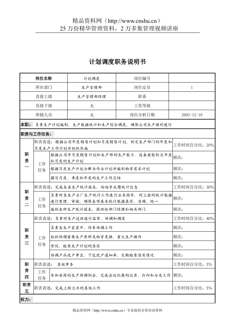 湖北新丰化纤公司生产管理部计划调度职务说明书