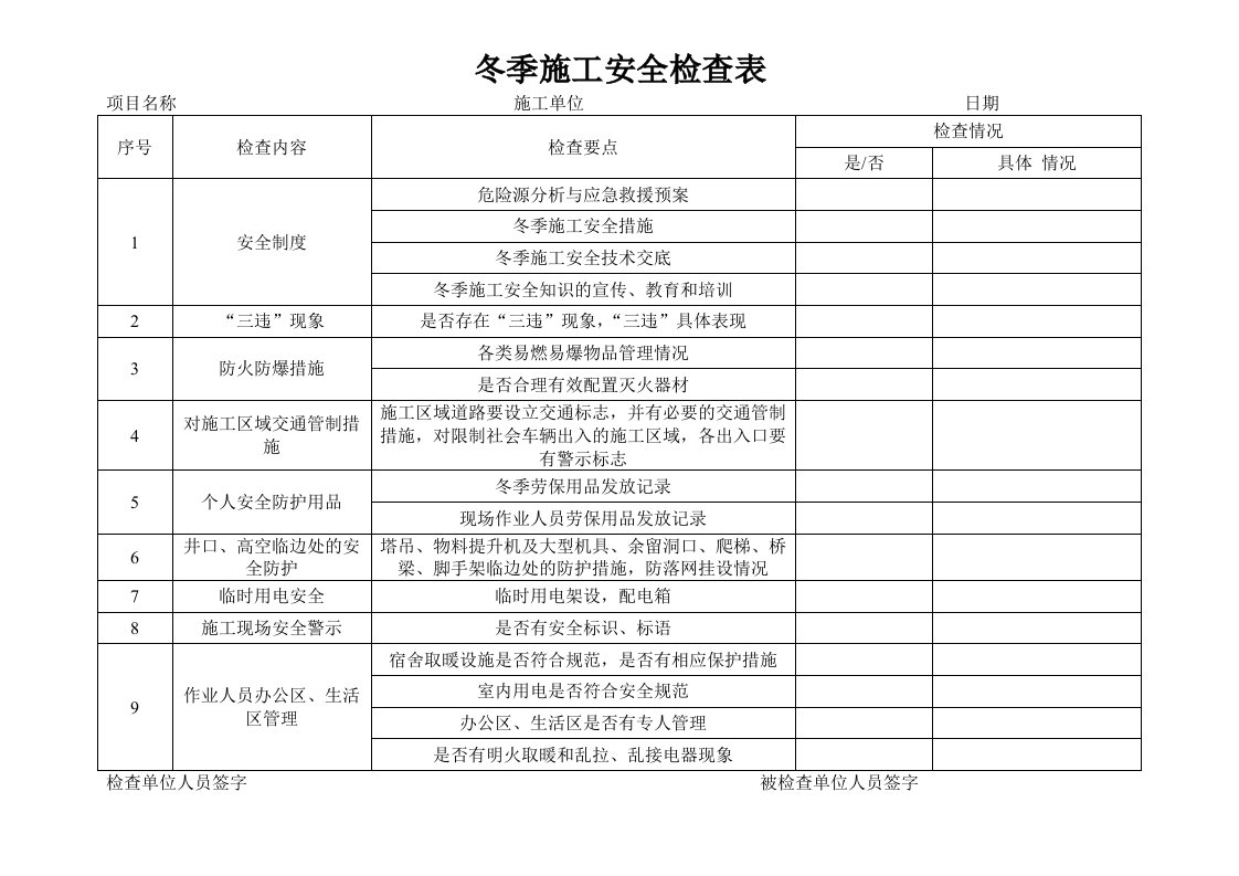 冬季施工安全检查表