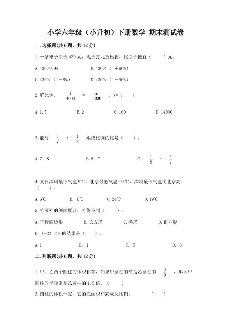 小学六年级（小升初）下册数学