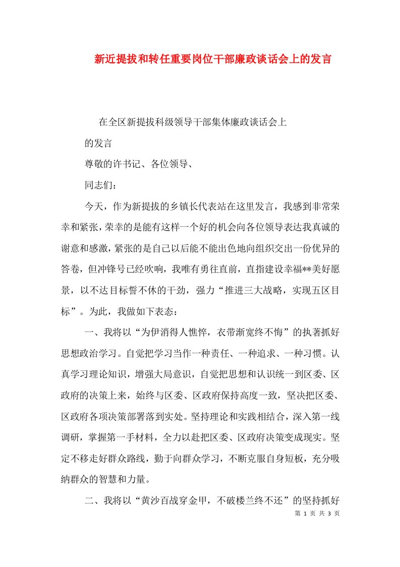 新近提拔和转任重要岗位干部廉政谈话会上的发言（一）