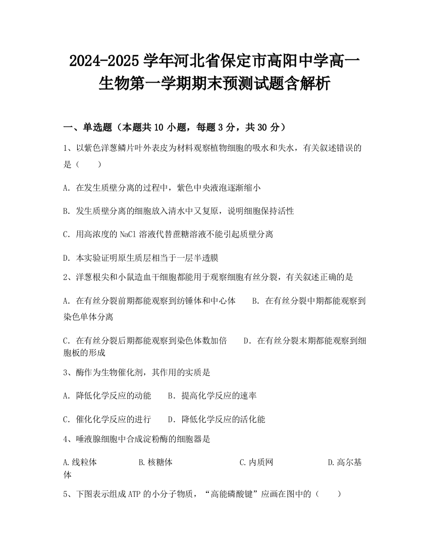 2024-2025学年河北省保定市高阳中学高一生物第一学期期末预测试题含解析