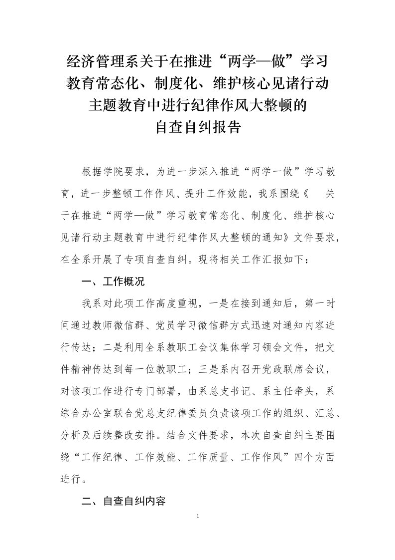 经济管理系纪律作风大整顿自查自纠报告