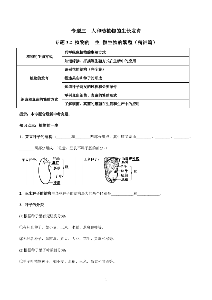 专题3.2-植物的一生-微生物的繁殖精讲篇-2019年浙教版七年级下科学