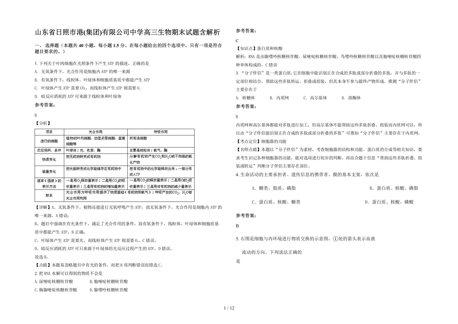 山东省日照市港集团有限公司中学高三生物期末试题含解析