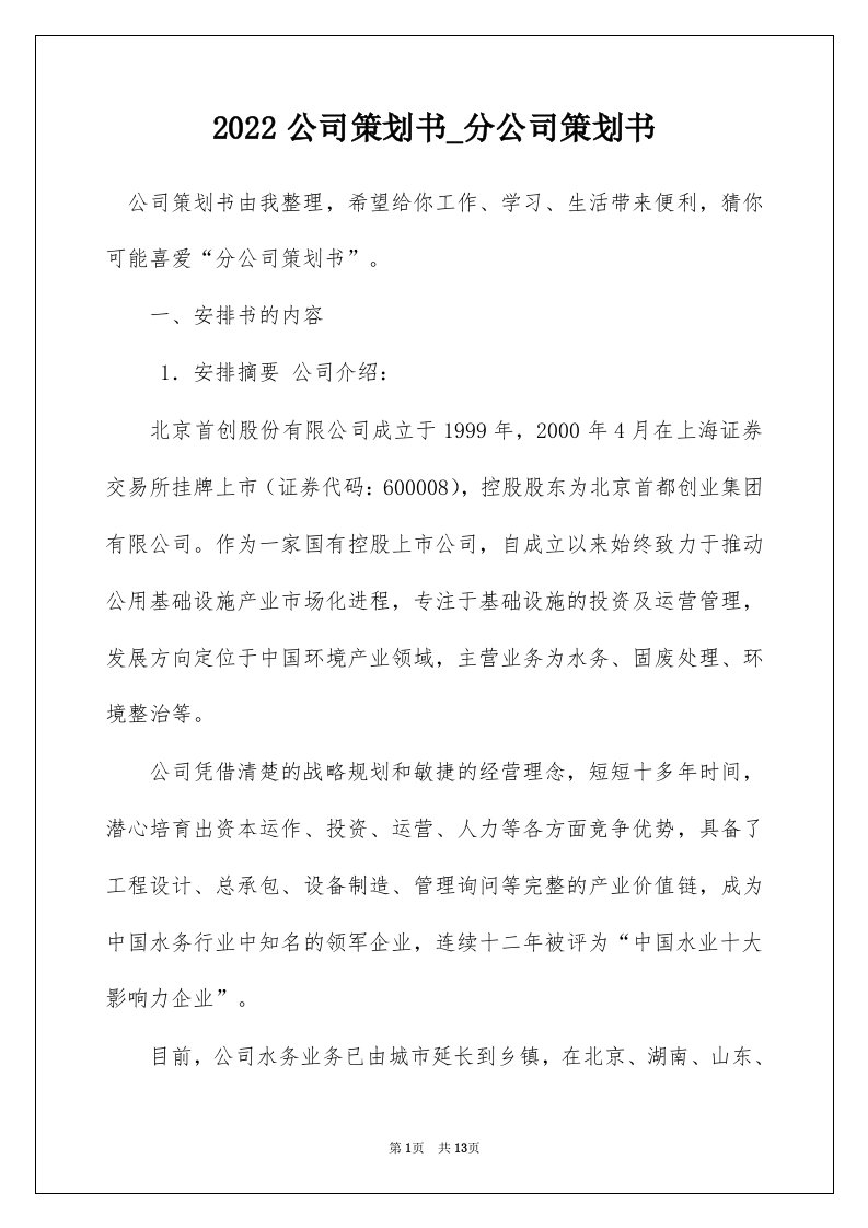 2022公司策划书_分公司策划书