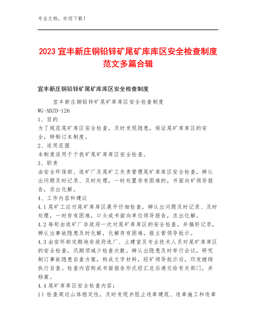 2023宜丰新庄铜铅锌矿尾矿库库区安全检查制度范文多篇合辑