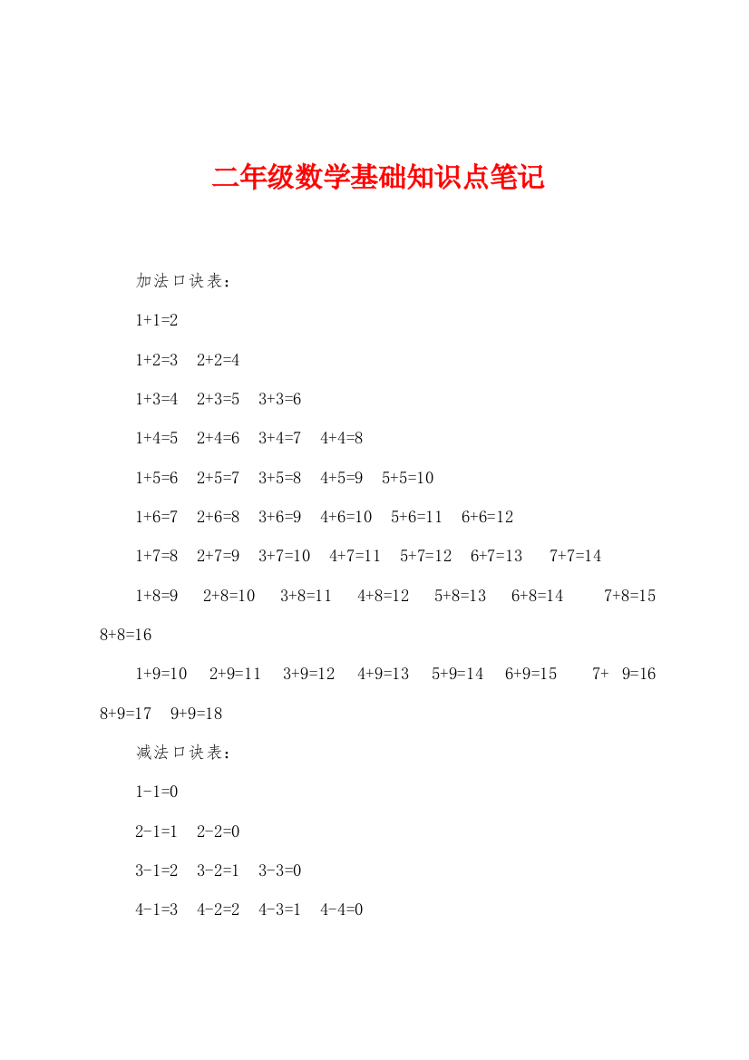 二年级数学基础知识点笔记