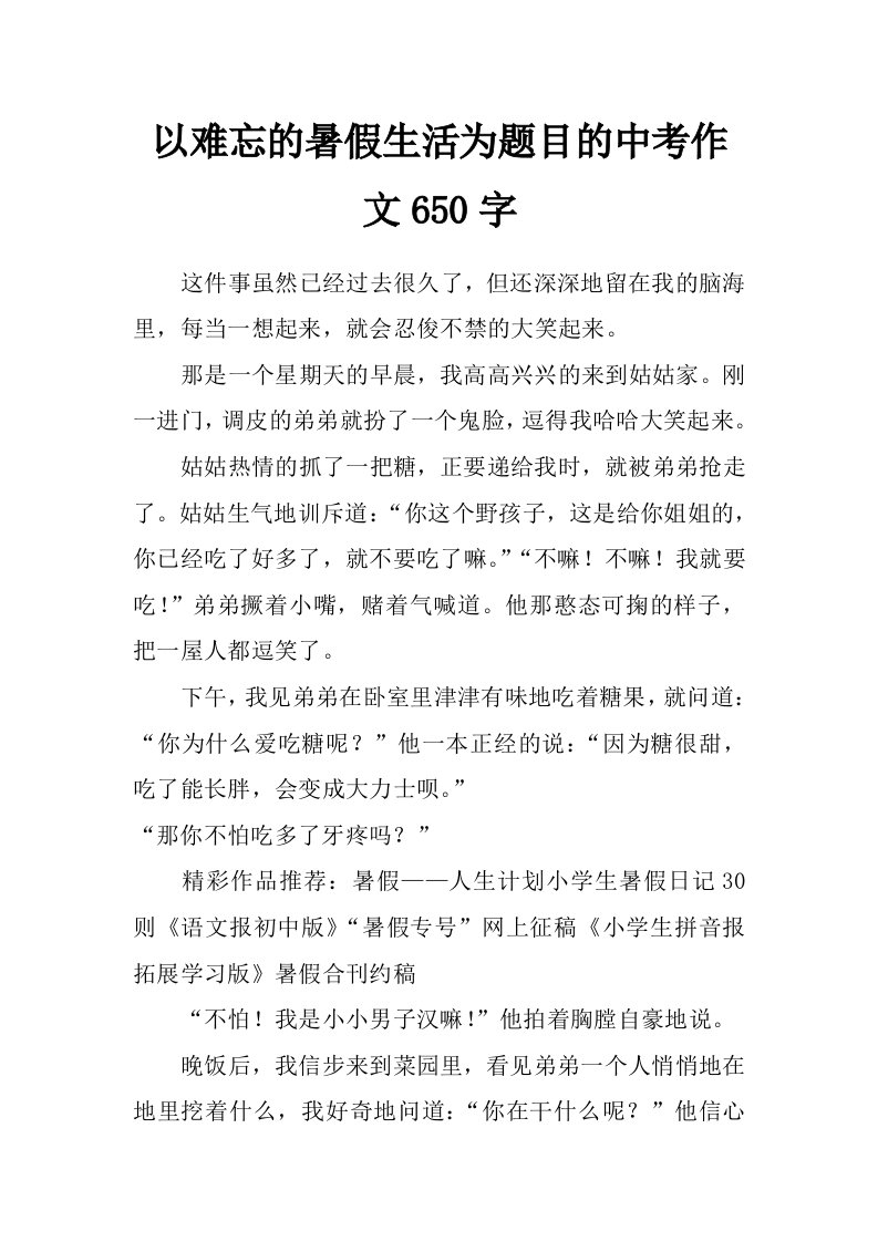 以难忘的暑假生活为题目的中考作文650字